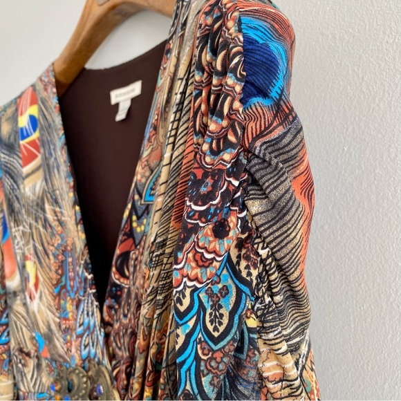 Boston Proper Peacock Feather Print Belted Long Sleeve Top Size Medium - Picture 4 of 5